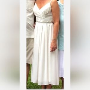 𝅺Christina Wu Tea Length Ivory Lace Surplice Bodice & Chiffon Wedding Gown 10